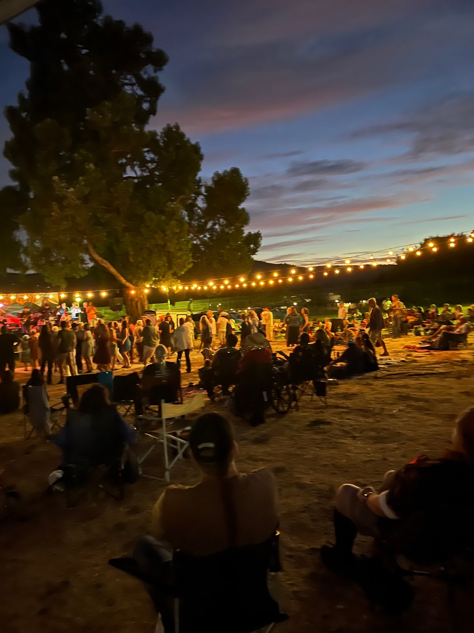 Dancing under the string lights at Hood Mansion